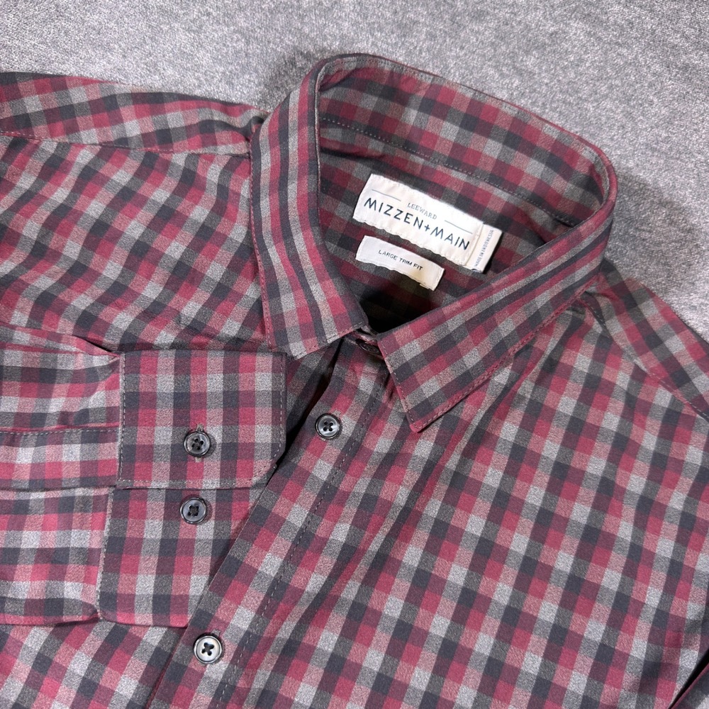 Mizzen+Main Leeward Shirt Mens L Trim Fit Red Gray Gingham Performance Button